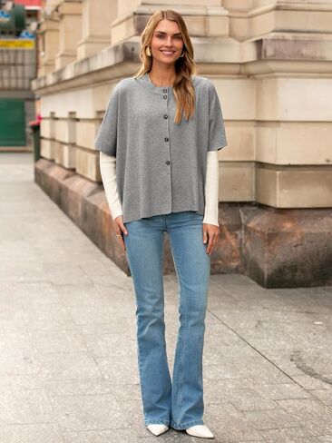Simplee Womens Oversized Batwing Short Sleeve Cardigan Crewneck Button Down Knit Sweaters Pullover Fall Tops 2025 in Saudi Arabia