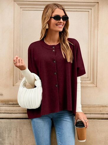 Simplee Womens Oversized Batwing Short Sleeve Cardigan Crewneck Button Down Knit Sweaters Pullover Fall Tops 2025 in Saudi Arabia