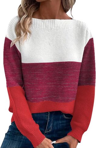 Womens Long Sleeve Crew Neck Color Block Fall Fashion Knitted Pullover Sweaters Jumper Tops in Saudi Arabia