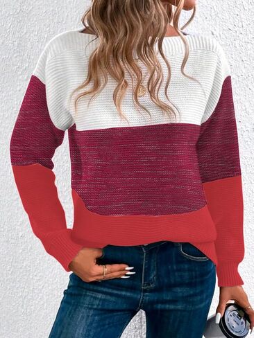 Womens Long Sleeve Crew Neck Color Block Fall Fashion Knitted Pullover Sweaters Jumper Tops in Saudi Arabia