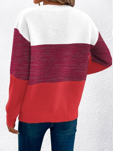 Womens Long Sleeve Crew Neck Color Block Fall Fashion Knitted Pullover Sweaters Jumper Tops in Saudi Arabia