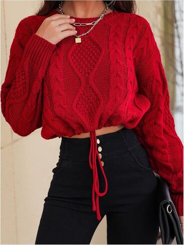 SHENHE Women's Cropped Sweater Crew Neck Long Sleeve Drawstring Cable Knitted Pullover Tops in Saudi Arabia