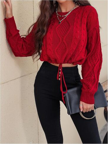 SHENHE Women's Cropped Sweater Crew Neck Long Sleeve Drawstring Cable Knitted Pullover Tops in Saudi Arabia