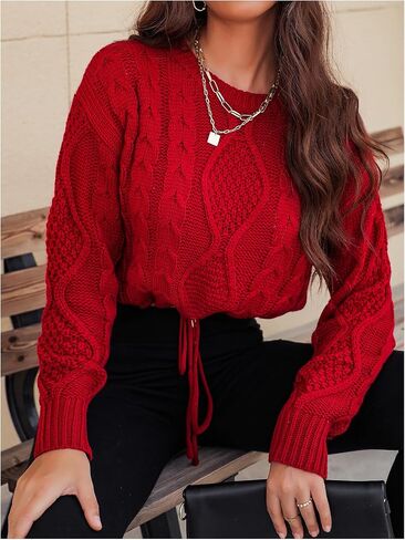 SHENHE Women's Cropped Sweater Crew Neck Long Sleeve Drawstring Cable Knitted Pullover Tops in Saudi Arabia