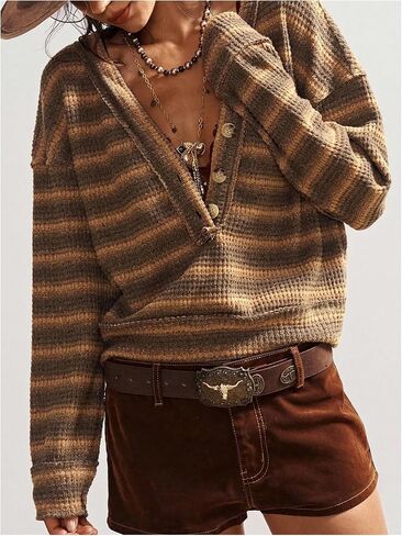 Women's Striped Sweater Western Half Button V Neck Long Sleeve Casual Loose Pullover Tops in Saudi Arabia