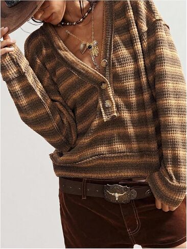 Women's Striped Sweater Western Half Button V Neck Long Sleeve Casual Loose Pullover Tops in Saudi Arabia