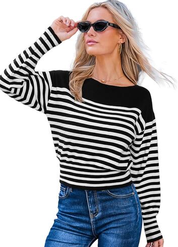 CUPSHE Womens Sweaters Long Sleeve Lightweight Sweaters Trendy Boat Neck Striped Sweater Tops in Saudi Arabia
