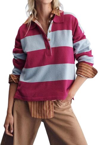 Women’s Rugby Shirt Striped Polo V Neck Long Sleeve Sweater Oversized Fall Sweatshirt Cute Half Button Pullover in Kuwait