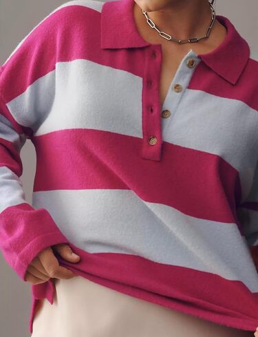 Women’s Rugby Shirt Striped Polo V Neck Long Sleeve Sweater Oversized Fall Sweatshirt Cute Half Button Pullover in Kuwait