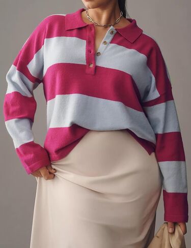 Women’s Rugby Shirt Striped Polo V Neck Long Sleeve Sweater Oversized Fall Sweatshirt Cute Half Button Pullover in Kuwait