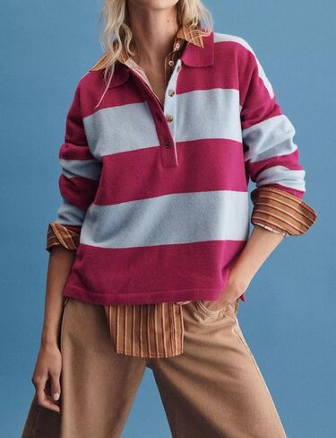 Women’s Rugby Shirt Striped Polo V Neck Long Sleeve Sweater Oversized Fall Sweatshirt Cute Half Button Pullover in Kuwait
