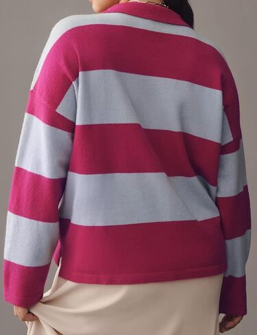 Women’s Rugby Shirt Striped Polo V Neck Long Sleeve Sweater Oversized Fall Sweatshirt Cute Half Button Pullover in Kuwait