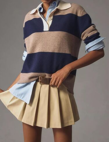 Women’s Rugby Shirt Striped Polo V Neck Long Sleeve Sweater Oversized Fall Sweatshirt Cute Half Button Pullover in Kuwait