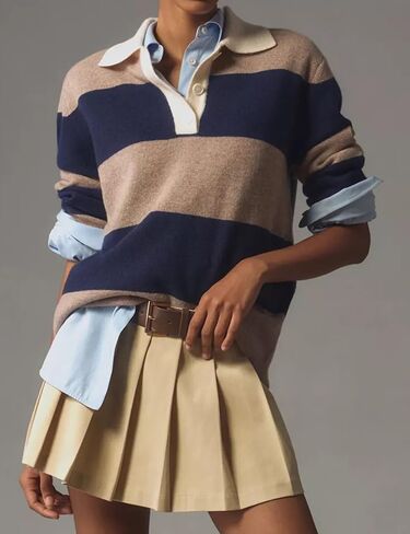 Women’s Rugby Shirt Striped Polo V Neck Long Sleeve Sweater Oversized Fall Sweatshirt Cute Half Button Pullover in Kuwait