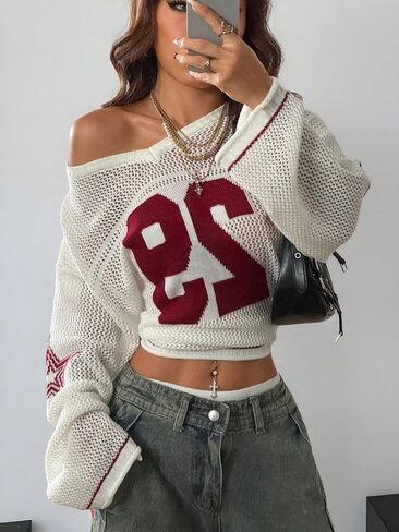 QJQ Women's Oversized Jersey Shirts Long Sleeve V Neck Crochet Knit Sweater Tops Hollow Out Graphic Pullover in Saudi Arabia