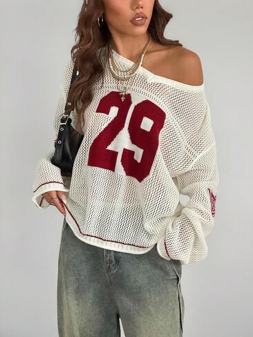 QJQ Women's Oversized Jersey Shirts Long Sleeve V Neck Crochet Knit Sweater Tops Hollow Out Graphic Pullover in Saudi Arabia