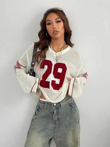 QJQ Women's Oversized Jersey Shirts Long Sleeve V Neck Crochet Knit Sweater Tops Hollow Out Graphic Pullover in Saudi Arabia