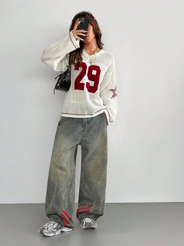 QJQ Women's Oversized Jersey Shirts Long Sleeve V Neck Crochet Knit Sweater Tops Hollow Out Graphic Pullover in Saudi Arabia