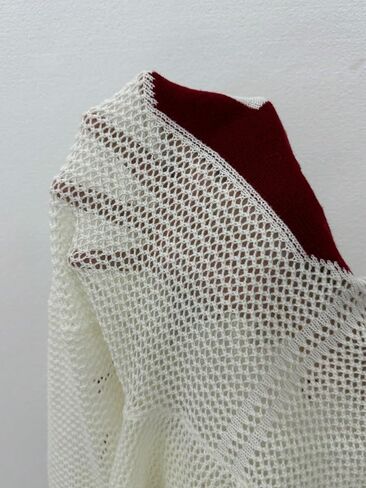 QJQ Women's Oversized Jersey Shirts Long Sleeve V Neck Crochet Knit Sweater Tops Hollow Out Graphic Pullover in Saudi Arabia