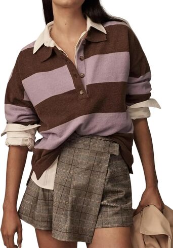 Women’s Rugby Shirt Striped Polo V Neck Long Sleeve Sweater Oversized Fall Sweatshirt Cute Half Button Pullover in Kuwait