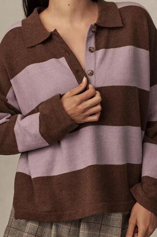 Women’s Rugby Shirt Striped Polo V Neck Long Sleeve Sweater Oversized Fall Sweatshirt Cute Half Button Pullover in Kuwait