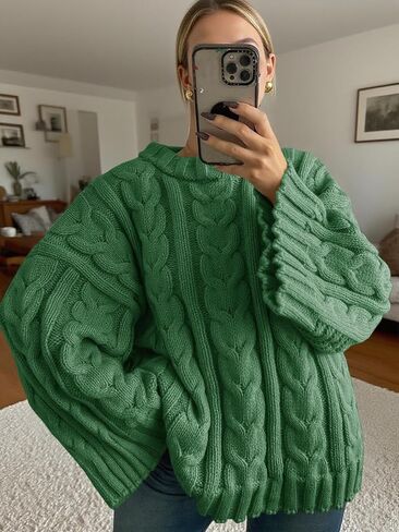 Saodimallsu المرأة البلوزات المتضخم كابل متماسكة جرس Batwing كم طاقم الرقبة الخريف الشتاء مكتنزة البلوز القمم in Kuwait