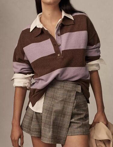 Women’s Rugby Shirt Striped Polo V Neck Long Sleeve Sweater Oversized Fall Sweatshirt Cute Half Button Pullover in Kuwait