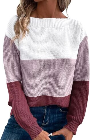 Womens Long Sleeve Crew Neck Color Block Fall Fashion Knitted Pullover Sweaters Jumper Tops in Saudi Arabia