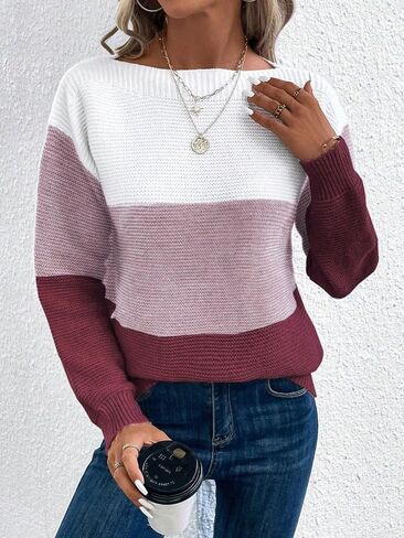 Womens Long Sleeve Crew Neck Color Block Fall Fashion Knitted Pullover Sweaters Jumper Tops in Saudi Arabia