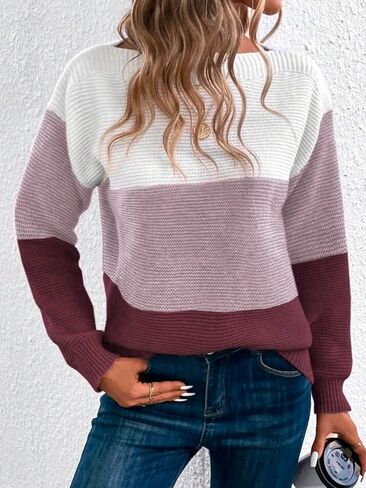 Womens Long Sleeve Crew Neck Color Block Fall Fashion Knitted Pullover Sweaters Jumper Tops in Saudi Arabia