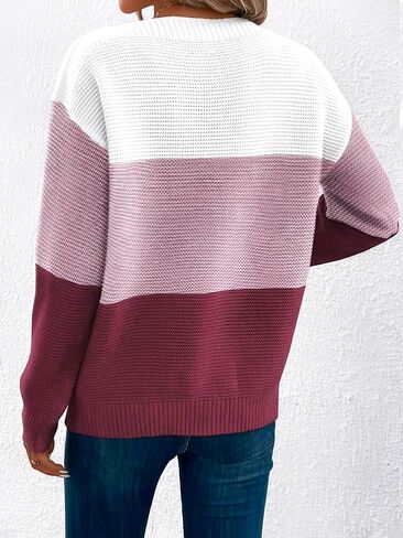 Womens Long Sleeve Crew Neck Color Block Fall Fashion Knitted Pullover Sweaters Jumper Tops in Saudi Arabia