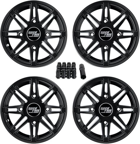عجلات RockTrix RT103 مقاس 14 بوصة ATV 4x110 14x7 5+2 إزاحة، تتضمن صواميل M10x1.25، متوافقة مع Honda Kawasaki Yamaha Rubicon Rincon Brute Force Kodiak Grizzly Rhino IRS 4/110 UTV Rims (مجموعة من 4) in Kuwait