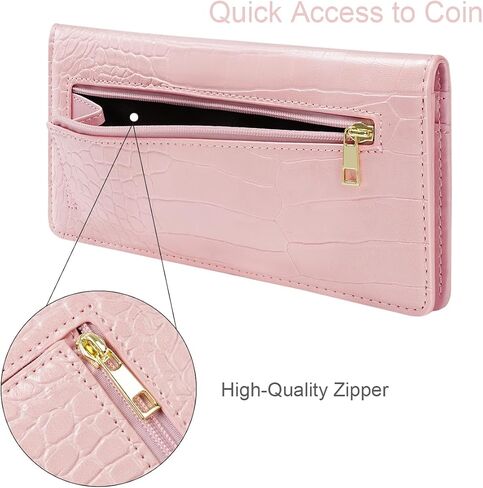 Wallet Women Bifold Faux Crocodile Leather Minimalist Slim Thin Long Wallets RFID Blocking Credit Cards Holder Purse with Back Zipper Coin Pocket for Women and Men,Pink in Kuwait