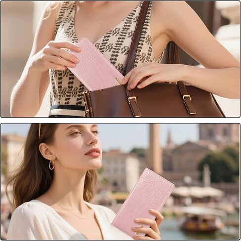 Wallet Women Bifold Faux Crocodile Leather Minimalist Slim Thin Long Wallets RFID Blocking Credit Cards Holder Purse with Back Zipper Coin Pocket for Women and Men,Pink in Kuwait