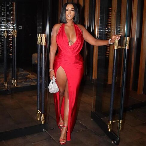 المرأة مثير الرسن أكمام فستان صيفي عارية الذراعين العميق الخامس الرقبة عالية الشق Bodycon ماكسي فساتين رداء حفلات كلوبوير in Saudi Arabia