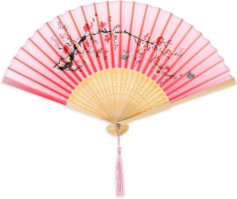 Rose Pink Folding Hand Fan Handheld Chinese Folding Fan Vintage Folding Fan with Bamboo Frame Tassel Foldable Retro Photo Props for Women Decoration Party Wedding Dancing in Saudi Arabia