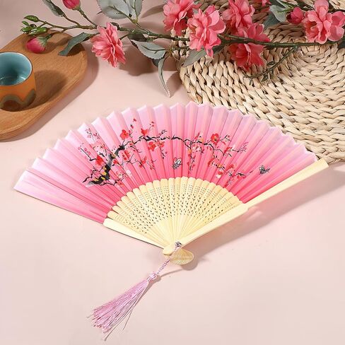 Rose Pink Folding Hand Fan Handheld Chinese Folding Fan Vintage Folding Fan with Bamboo Frame Tassel Foldable Retro Photo Props for Women Decoration Party Wedding Dancing in Saudi Arabia
