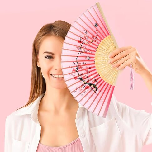 Rose Pink Folding Hand Fan Handheld Chinese Folding Fan Vintage Folding Fan with Bamboo Frame Tassel Foldable Retro Photo Props for Women Decoration Party Wedding Dancing in Saudi Arabia