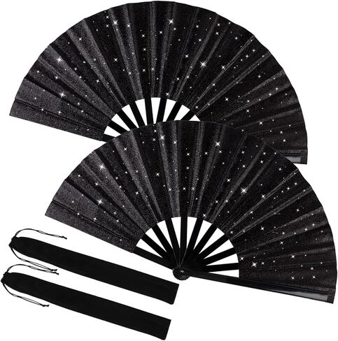 2 Pack Large Folding Hand Fans with Fan Bags, Large Clack Rave Fan Glitter Festival Hand Fan for Party, Music Festival, Club, Beach, Gift, Home Decorations(Gold) in Saudi Arabia