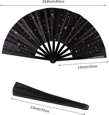 2 Pack Large Folding Hand Fans with Fan Bags, Large Clack Rave Fan Glitter Festival Hand Fan for Party, Music Festival, Club, Beach, Gift, Home Decorations(Gold) in Saudi Arabia