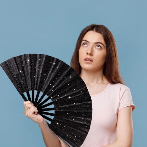 2 Pack Large Folding Hand Fans with Fan Bags, Large Clack Rave Fan Glitter Festival Hand Fan for Party, Music Festival, Club, Beach, Gift, Home Decorations(Gold) in Saudi Arabia