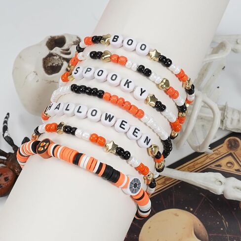 مجموعات أساور Twinfree للهالوين للنساء، أساور مطرزة بطبقات قوطية، سوار BOO Spooky Ghost Spider Pumpkin Kitten Charm القابل للتكديس in Kuwait