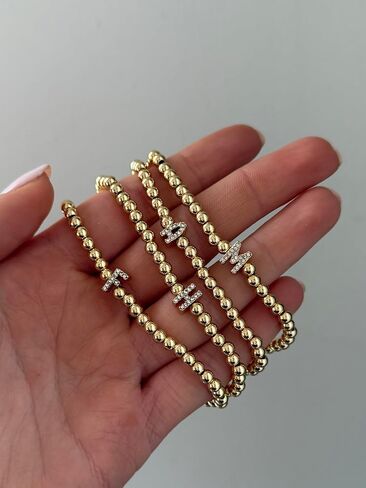 Initial Pisa Stretch Bracelet - Personalized Gold-Plated Bracelet for Women, Beaded Initial Bracelet, Stacking Bracelet, Custom Ball Bracelet, Trendy Jewelry in Saudi Arabia