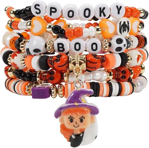 مجموعات أساور Twinfree للهالوين للنساء، أساور مطرزة بطبقات قوطية، سوار BOO Spooky Ghost Spider Pumpkin Kitten Charm القابل للتكديس in Kuwait