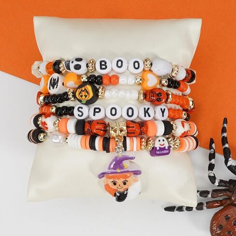 مجموعات أساور Twinfree للهالوين للنساء، أساور مطرزة بطبقات قوطية، سوار BOO Spooky Ghost Spider Pumpkin Kitten Charm القابل للتكديس in Kuwait