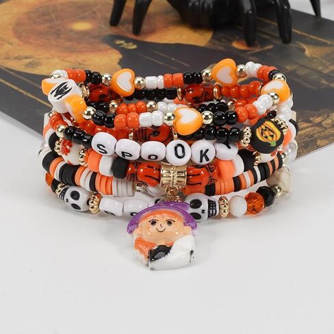 مجموعات أساور Twinfree للهالوين للنساء، أساور مطرزة بطبقات قوطية، سوار BOO Spooky Ghost Spider Pumpkin Kitten Charm القابل للتكديس in Kuwait