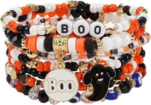 مجموعات أساور Twinfree للهالوين للنساء، أساور مطرزة بطبقات قوطية، سوار BOO Spooky Ghost Spider Pumpkin Kitten Charm القابل للتكديس in Kuwait