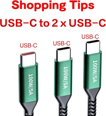 كابل 100 واط 2 في 1 USB-C بطول 4 أقدام، مخرجات مزدوجة 5 أمبير شحن سريع، مقسم شحن USB متعدد النوع C لجهاز MacBook Air، iPhone 15 Plus/Pro Max، iPad Pro، Samsung Galaxy S24 S23 S22، Tab S9، Lenovo، Dell حاسوب محمول in Kuwait