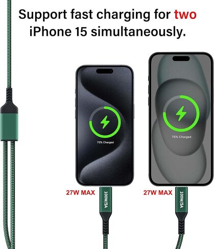 كابل 100 واط 2 في 1 USB-C بطول 4 أقدام، مخرجات مزدوجة 5 أمبير شحن سريع، مقسم شحن USB متعدد النوع C لجهاز MacBook Air، iPhone 15 Plus/Pro Max، iPad Pro، Samsung Galaxy S24 S23 S22، Tab S9، Lenovo، Dell حاسوب محمول in Kuwait
