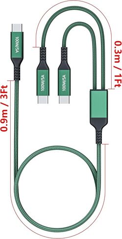 كابل 100 واط 2 في 1 USB-C بطول 4 أقدام، مخرجات مزدوجة 5 أمبير شحن سريع، مقسم شحن USB متعدد النوع C لجهاز MacBook Air، iPhone 15 Plus/Pro Max، iPad Pro، Samsung Galaxy S24 S23 S22، Tab S9، Lenovo، Dell حاسوب محمول in Kuwait